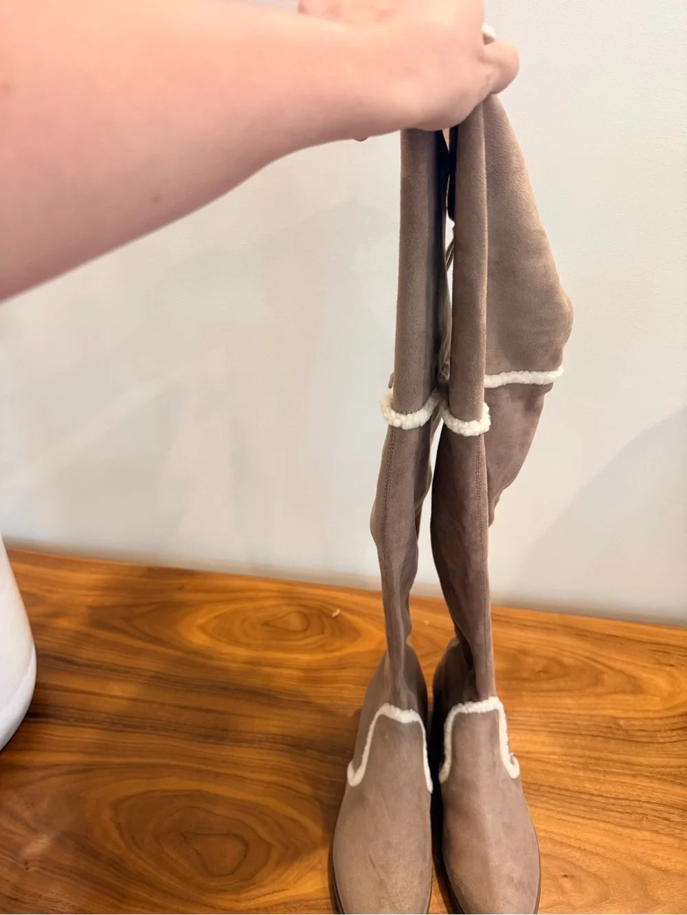 Charles David Taupe Over-the-Knee Faux-Suede Boots with Shearling Trim
